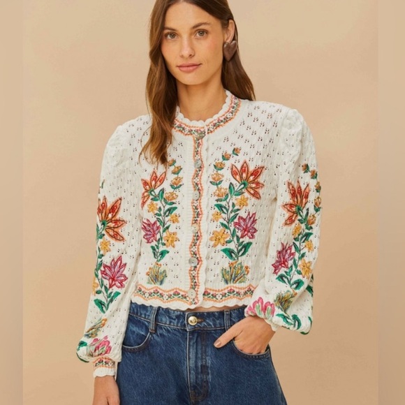 FARM Rio Sweaters - FARM Rio White Embroidered Floral Cardigan with Multicolor Flowers
